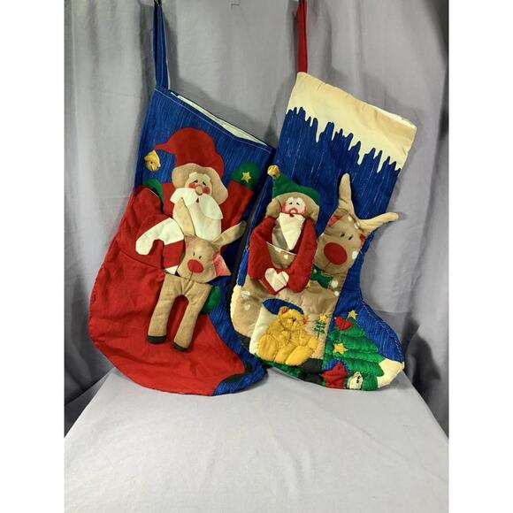 Handmade Vintage Stockings Christmas Decor 3D Santa Snow Reindeer 20” Set Of 2 - Picture 1 of 6